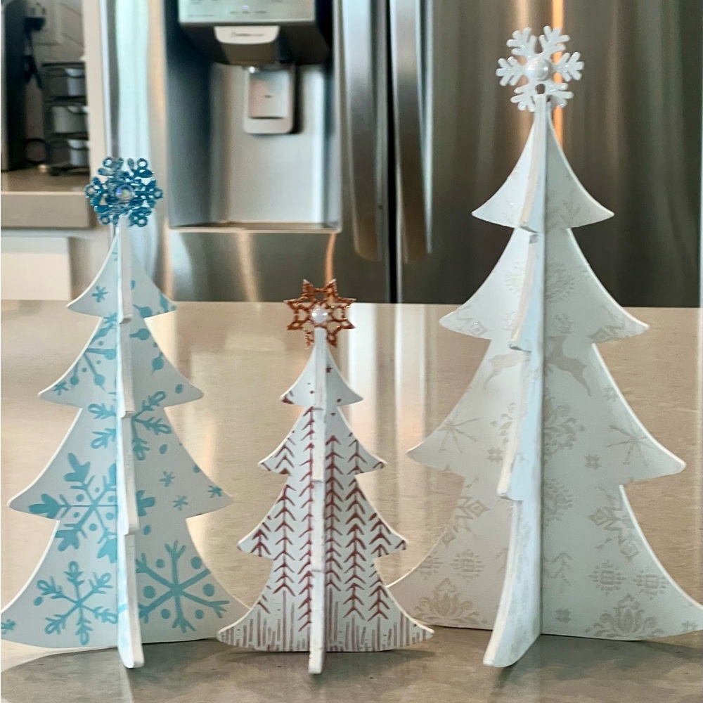 🤍🩵🤎 Homemade OOAK Festive Snowflake Tree Trio - White, Blue, Brown